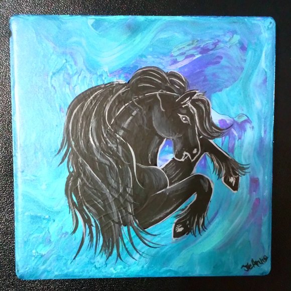 Hand Crafted Painted Friesian Horses Cerulean Blue Coasters Home Decor Interior - Picture 2 of 6